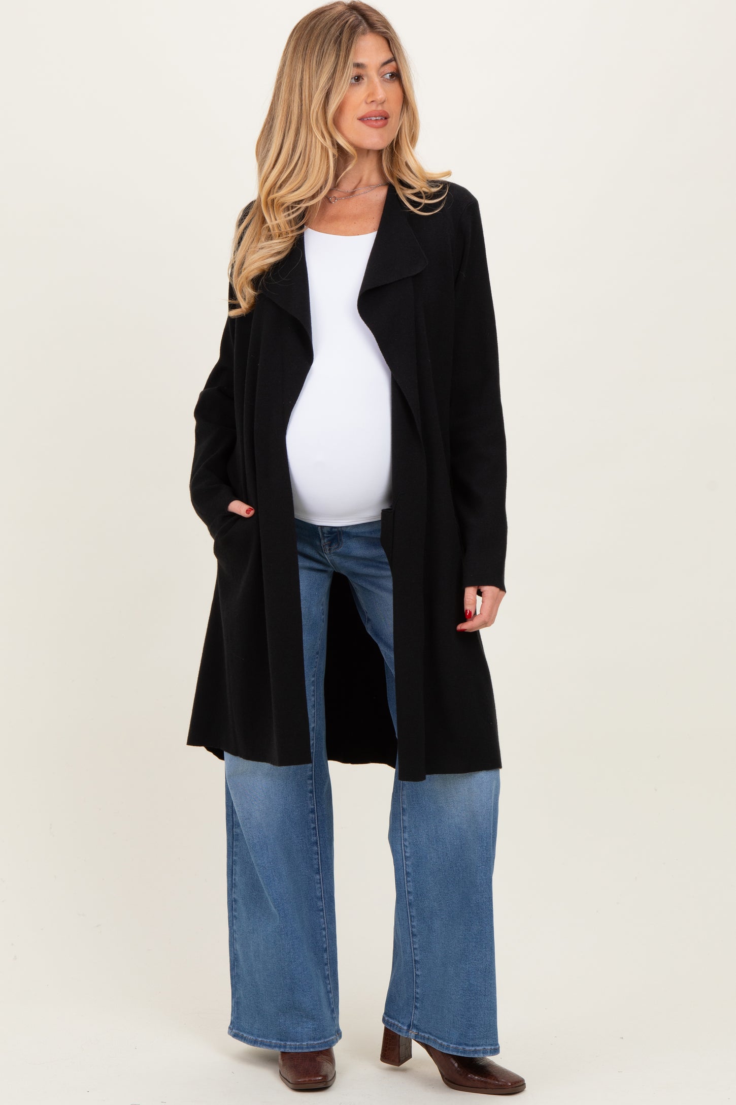 Black Knit Open Front Long Maternity Cardigan