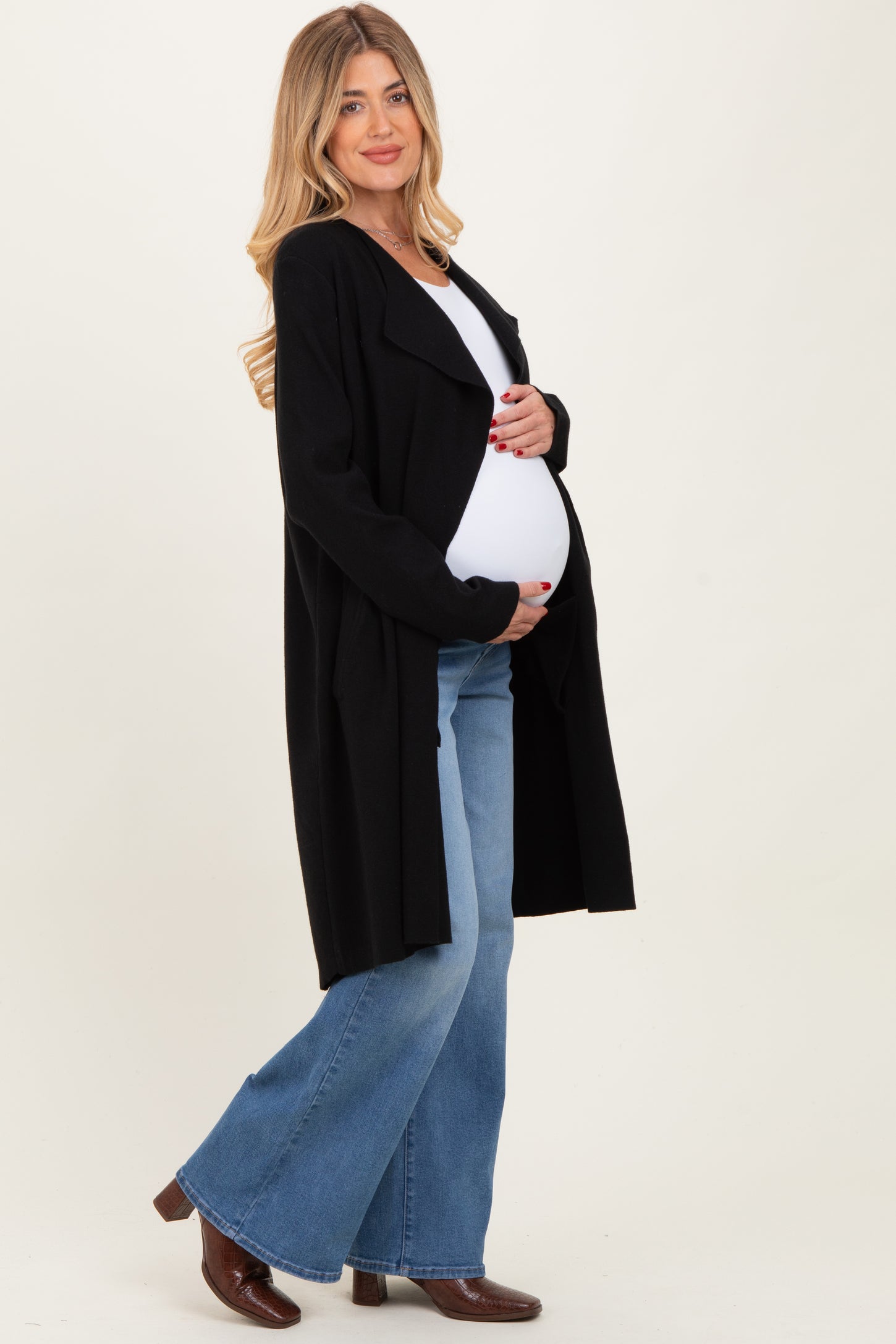 Black Knit Open Front Long Maternity Cardigan