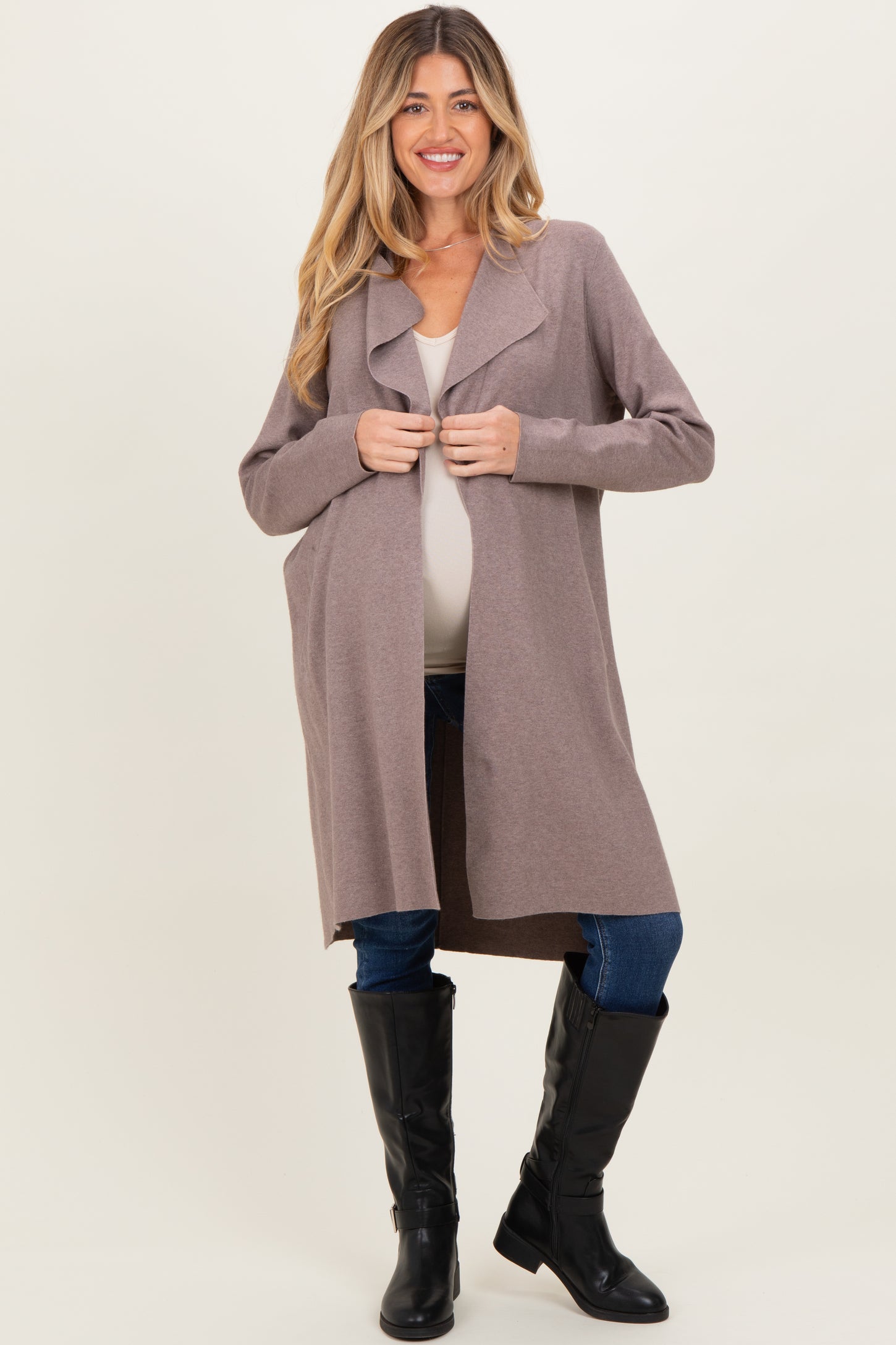 Mocha Knit Open Front Long Maternity Cardigan