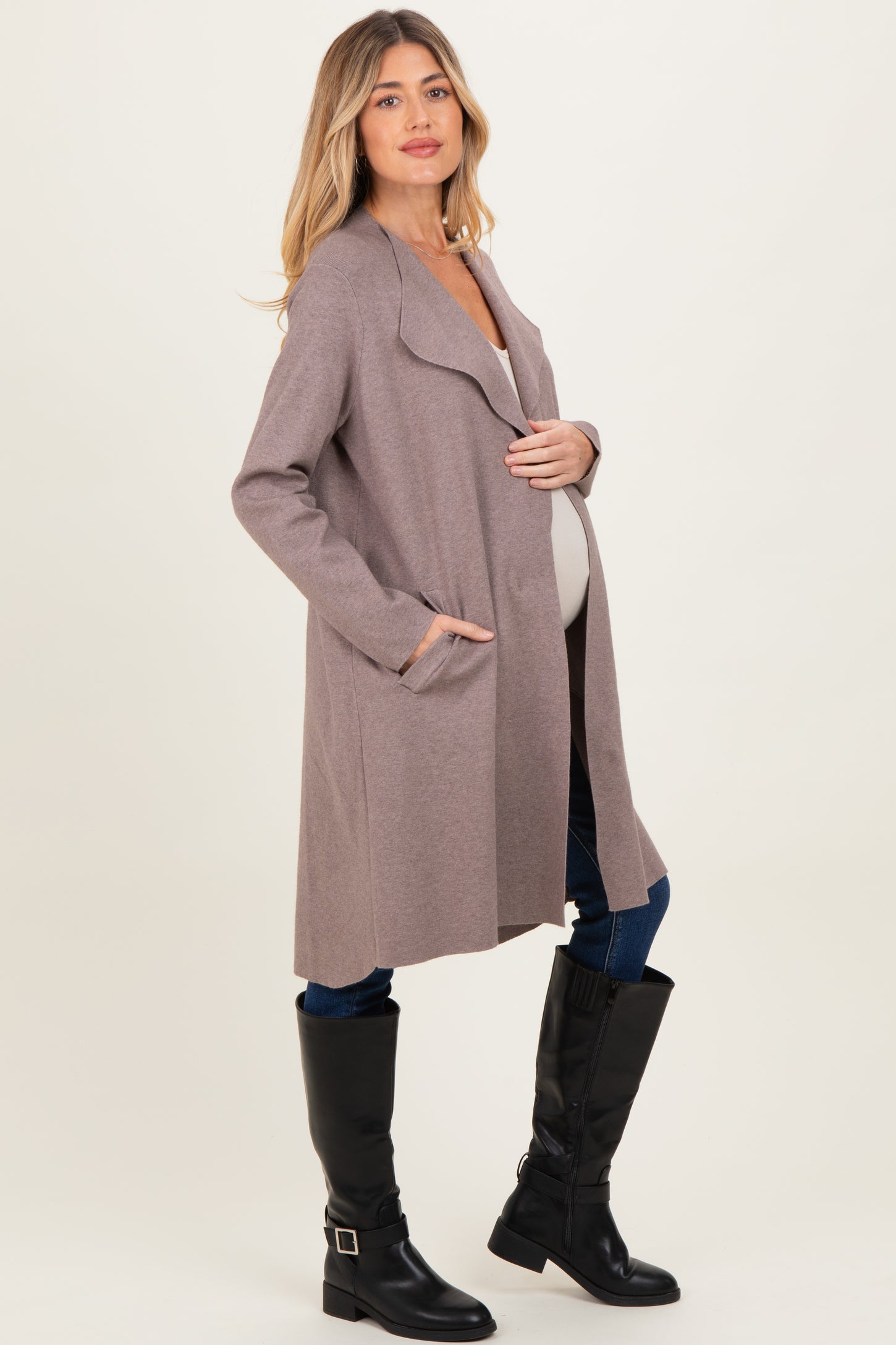 Mocha Knit Open Front Long Maternity Cardigan