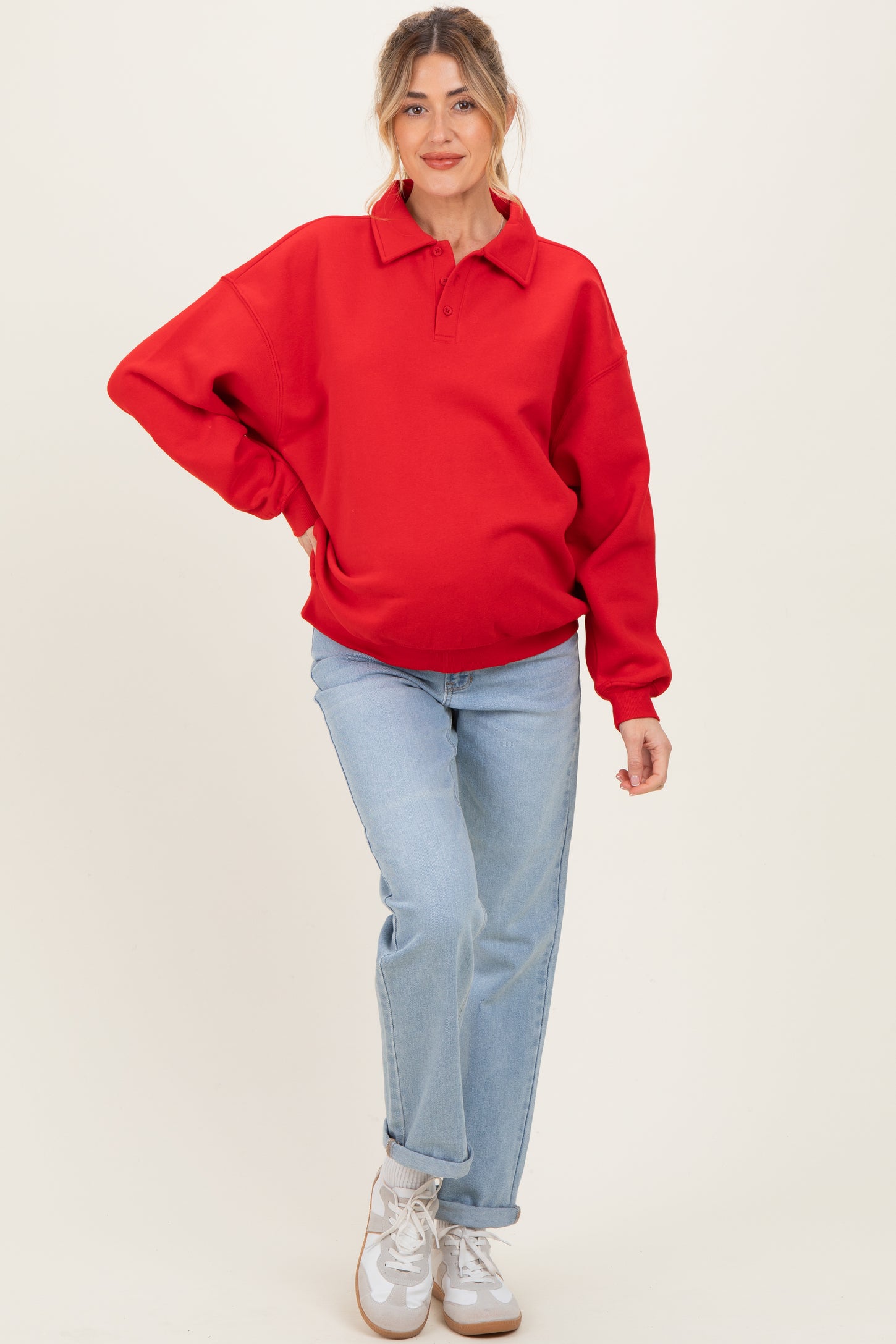 Red Oversized Polo Maternity Pullover