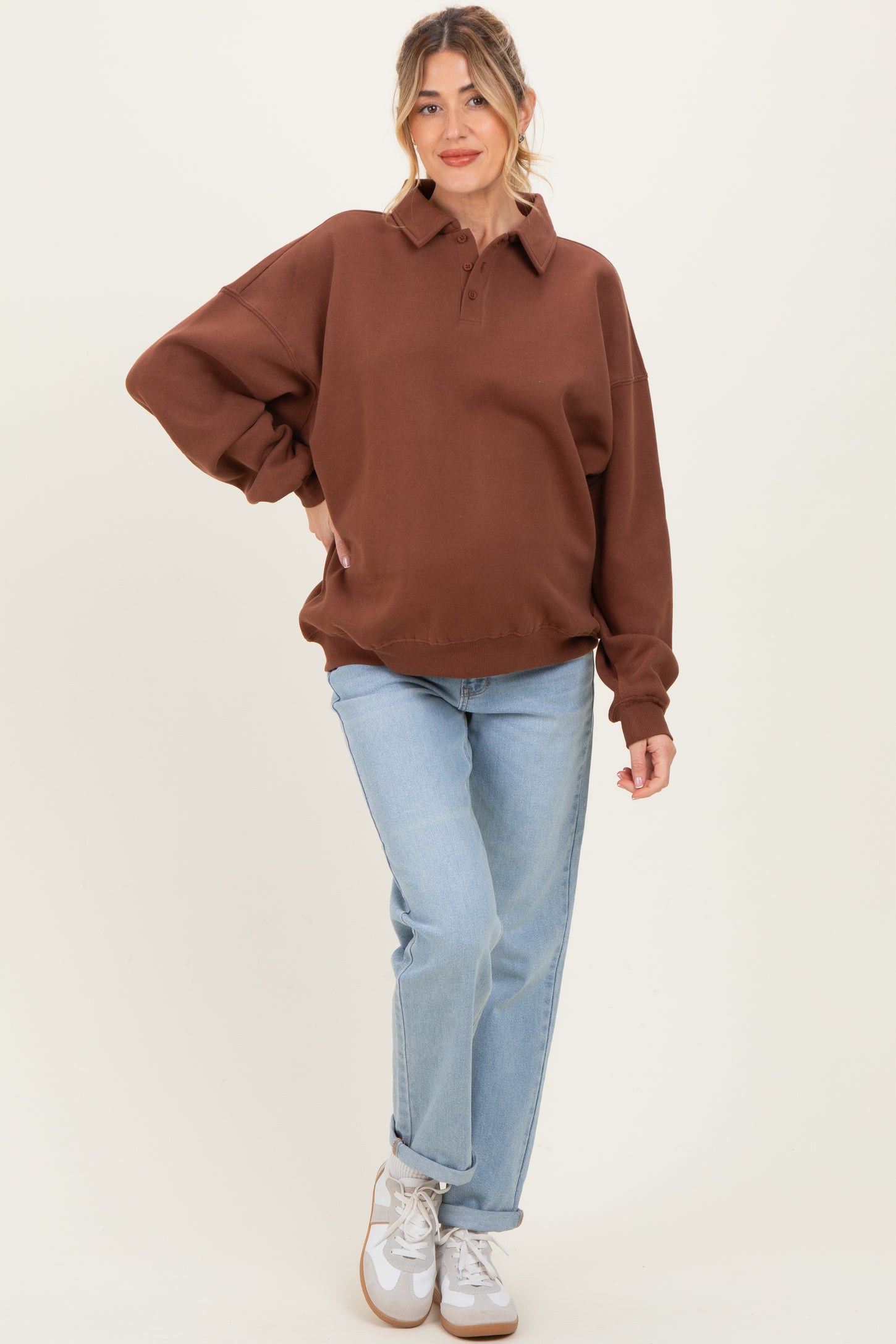 Brown Oversized Polo Maternity Pullover