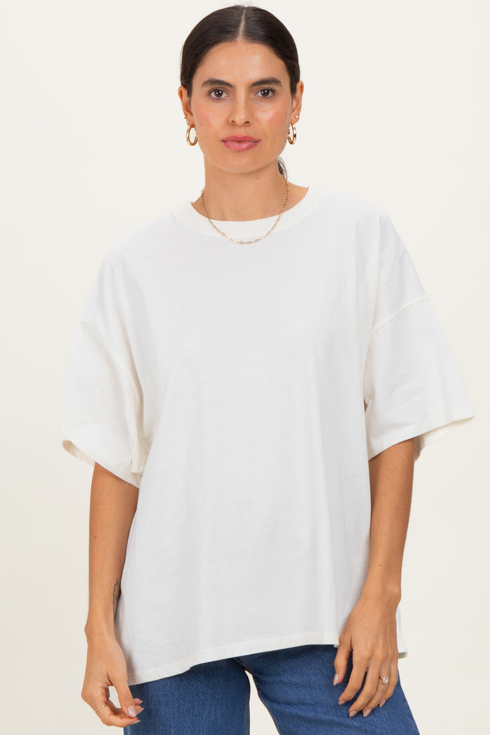 Cream Crew Neck Short Sleeve Oversized Maternity T-Shirt
