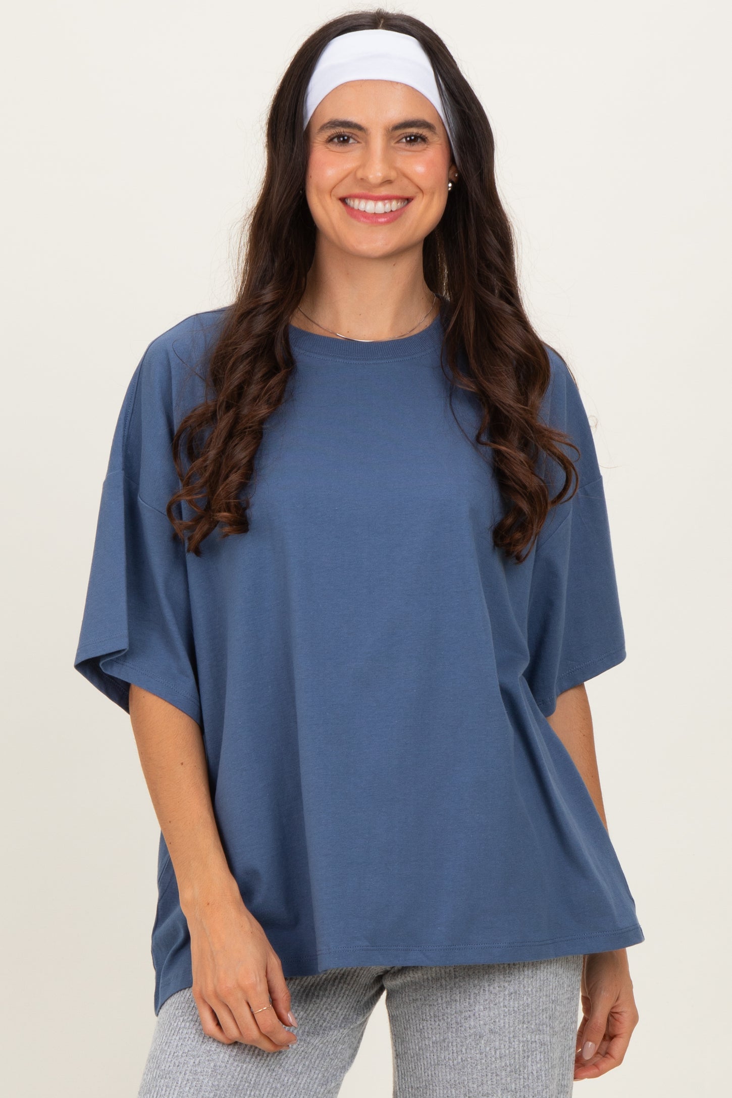 Dusty Navy Crew Neck Short Sleeve Oversized Maternity T-Shirt