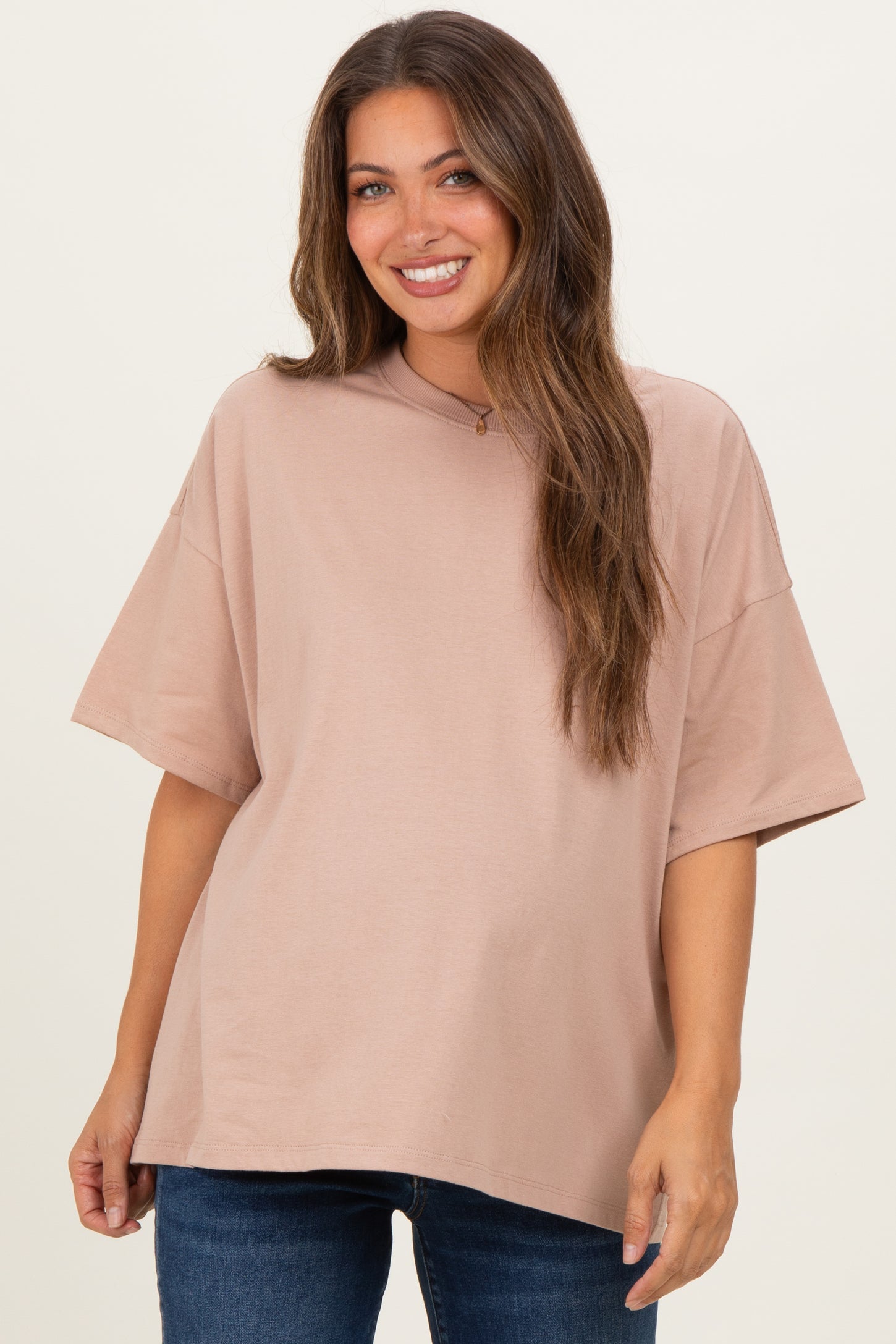 Camel Crew Neck Short Sleeve Oversized Maternity T-Shirt
