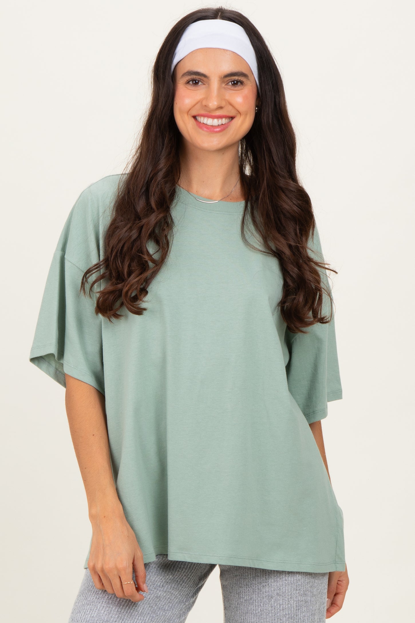 Light Sage Crew Neck Short Sleeve Oversized Maternity T-Shirt