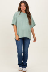 Light Sage Crew Neck Short Sleeve Oversized Maternity T-Shirt