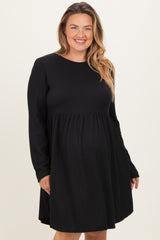 Black Textured Rib Long Sleeve Maternity Plus Dress