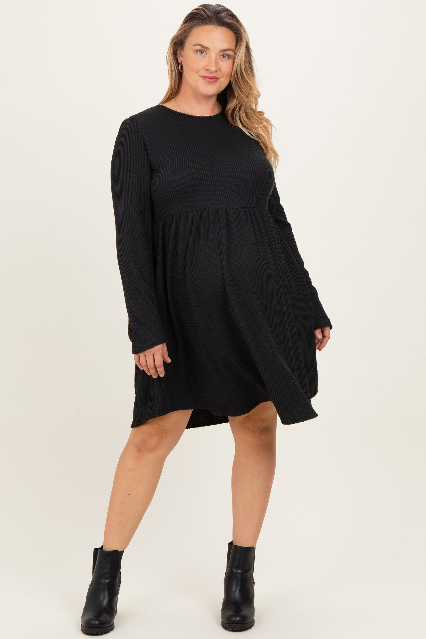 Black Textured Rib Long Sleeve Maternity Plus Dress