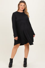 Black Textured Rib Long Sleeve Maternity Plus Dress