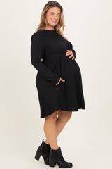 Black Textured Rib Long Sleeve Maternity Plus Dress