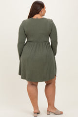Olive Textured Rib Long Sleeve Plus Dress