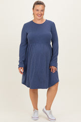 Navy Textured Rib Long Sleeve Maternity Plus Dress