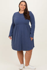 Navy Textured Rib Long Sleeve Plus Dress