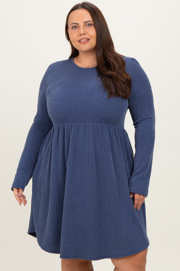 Navy Textured Rib Long Sleeve Plus Dress