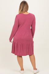 Mauve Textured Rib Tiered Long Sleeve Maternity Plus Dress