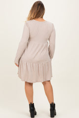 Beige Textured Rib Tiered Long Sleeve Maternity Plus Dress