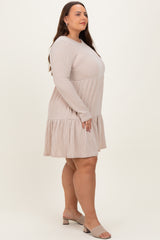 Beige Textured Rib Tiered Long Sleeve Plus Dress
