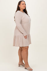 Beige Textured Rib Tiered Long Sleeve Plus Dress