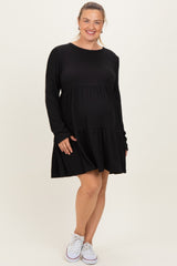 Black Textured Rib Tiered Long Sleeve Maternity Plus Dress