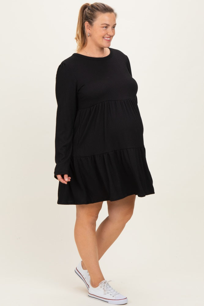 Black Textured Rib Tiered Long Sleeve Maternity Plus Dress