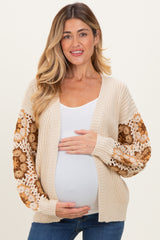 Beige Crochet Detail Sleeve Maternity Cardigan
