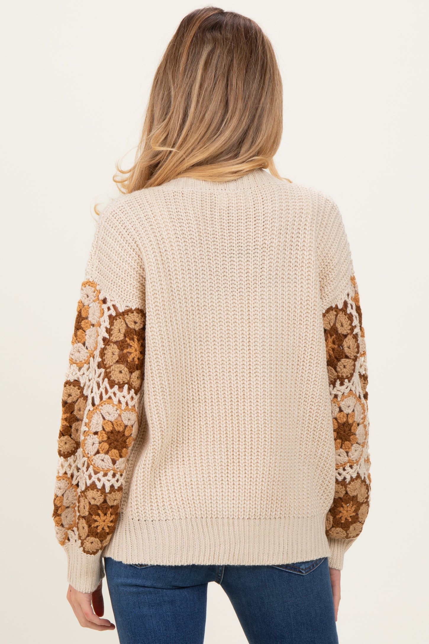 Beige Crochet Detail Sleeve Maternity Cardigan