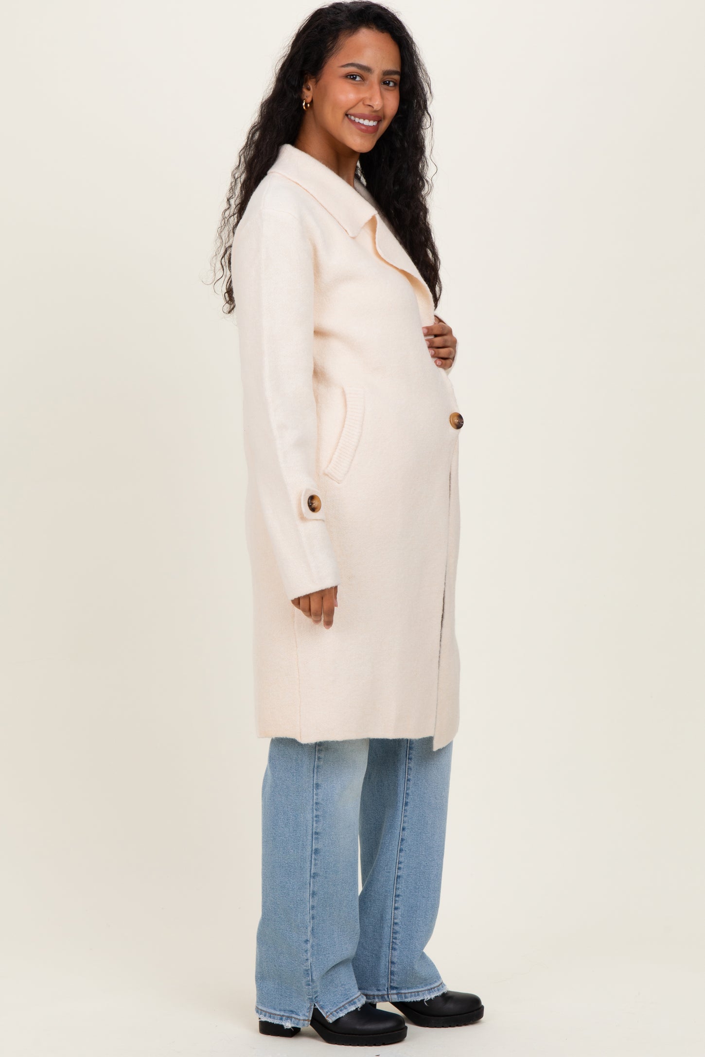 Ivory Knit Long Maternity Sweater Coat