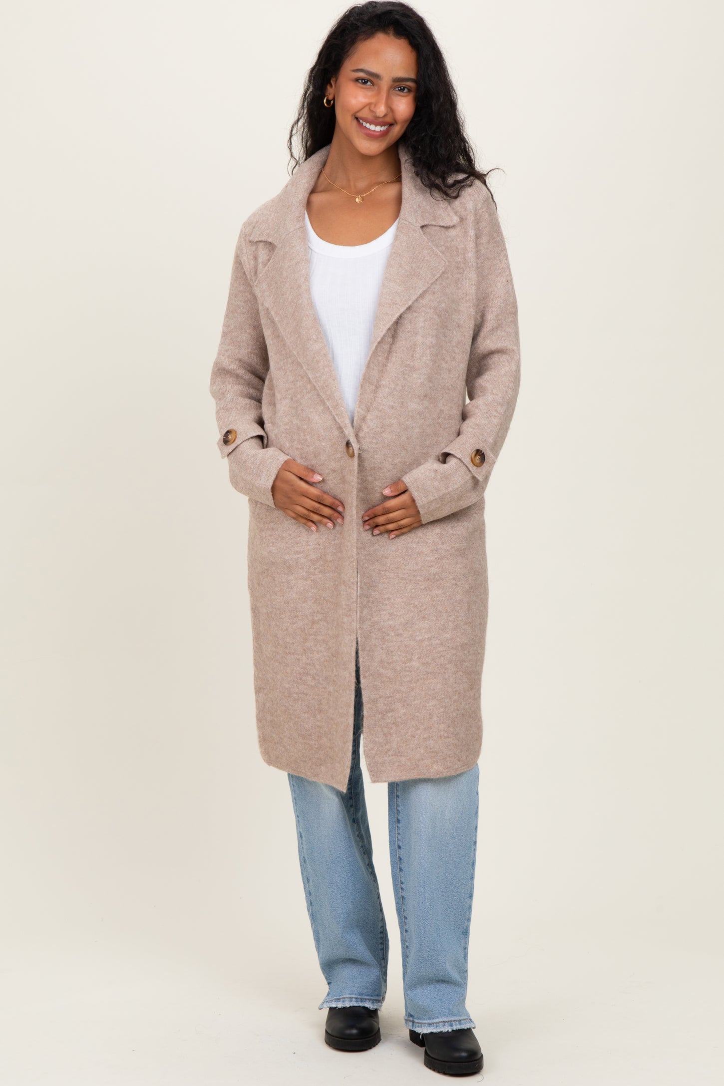 Beige Knit Long Maternity Sweater Coat