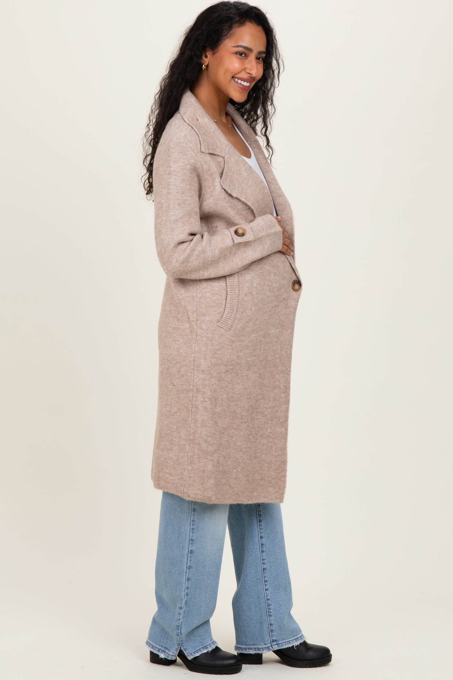 Beige Knit Long Maternity Sweater Coat