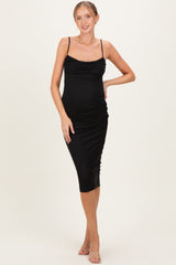 Black Glitter Ruched Maternity Midi Dress