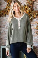 Olive Textured Rib Bubble Sleeve Maternity Henley
