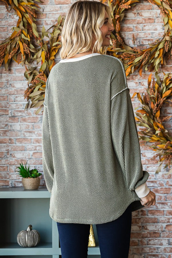 Olive Textured Rib Bubble Sleeve Henley
