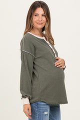 Olive Textured Rib Bubble Sleeve Maternity Henley