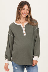 Olive Textured Rib Bubble Sleeve Maternity Henley