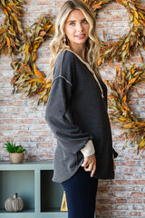 Charcoal Textured Rib Bubble Sleeve Henley