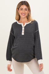 Charcoal Textured Rib Bubble Sleeve Maternity Henley
