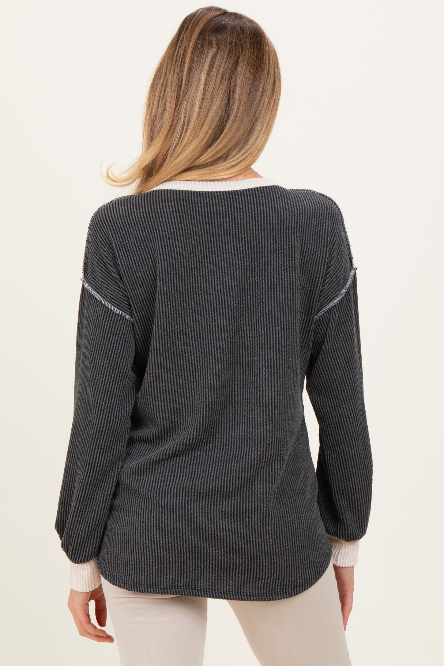 Charcoal Textured Rib Bubble Sleeve Maternity Henley