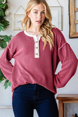 Burgundy Textured Rib Bubble Sleeve Maternity Henley