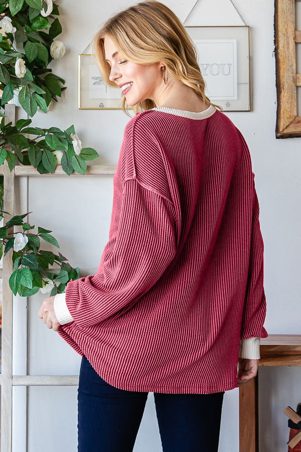 Burgundy Textured Rib Bubble Sleeve Henley