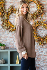 Mocha Textured Rib Bubble Sleeve Henley