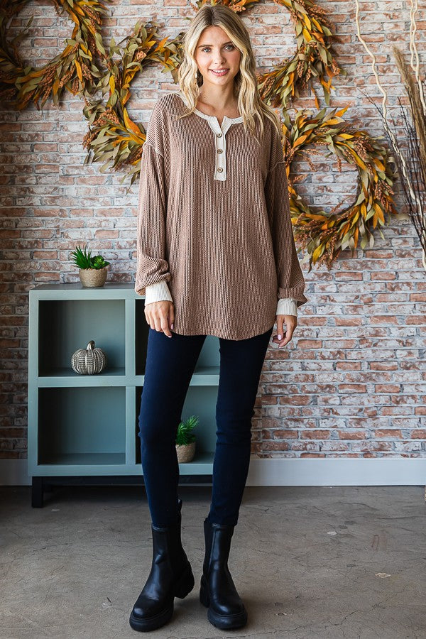 Mocha Textured Rib Bubble Sleeve Henley