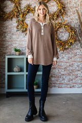 Mocha Textured Rib Bubble Sleeve Henley