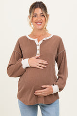 Mocha Textured Rib Bubble Sleeve Maternity Henley