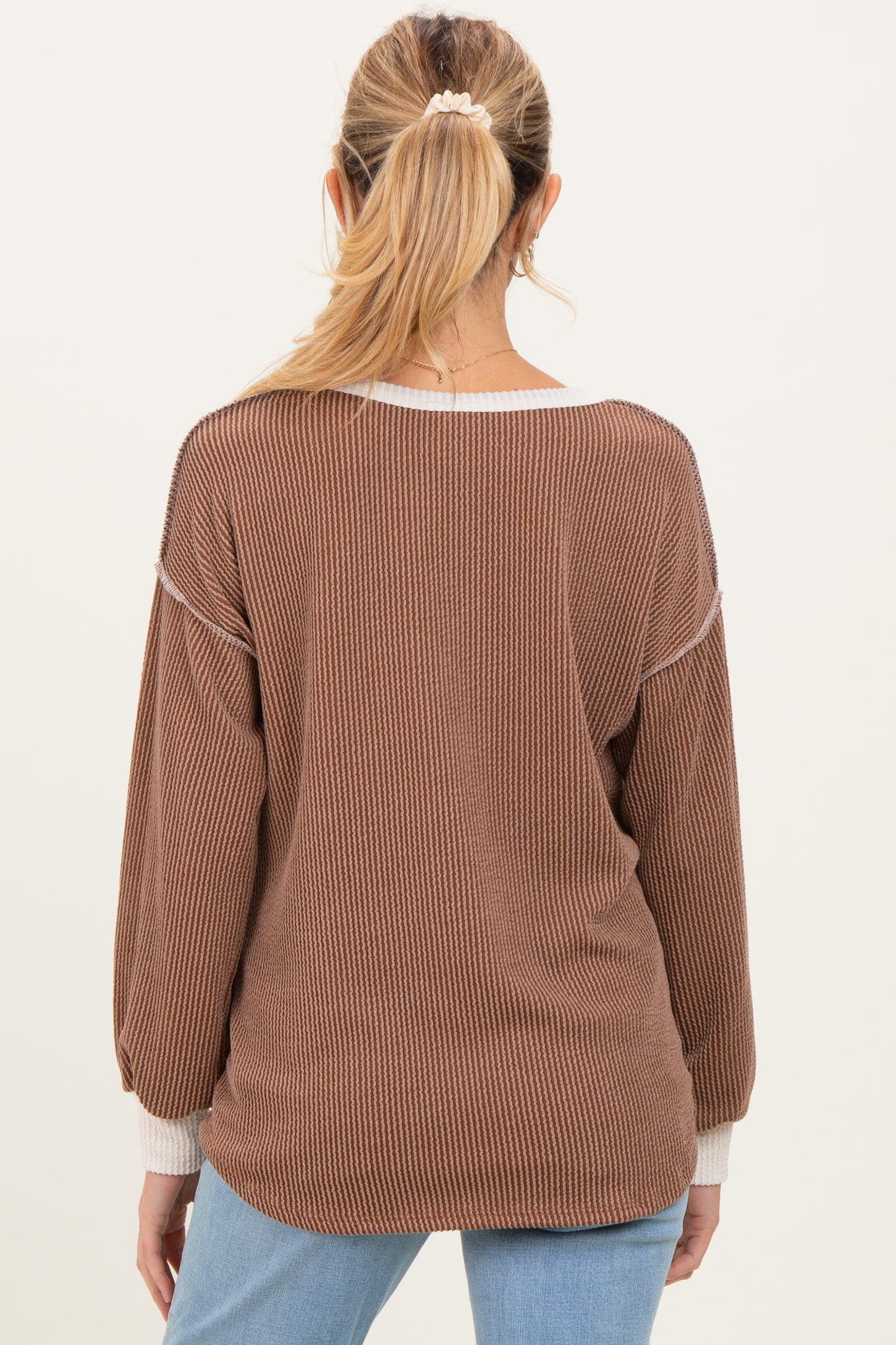 Mocha Textured Rib Bubble Sleeve Maternity Henley