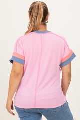 Pink Ribbed Colorblock Detail Maternity Plus Short Sleeve Top