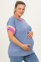 Dusty Blue Ribbed Colorblock Detail Maternity Plus Short Sleeve Top