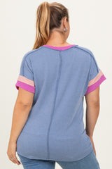 Dusty Blue Ribbed Colorblock Detail Maternity Plus Short Sleeve Top