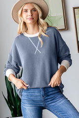 Navy Textured Rib Relaxed Fit Pullover Top