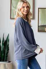 Navy Textured Rib Relaxed Fit Pullover Top